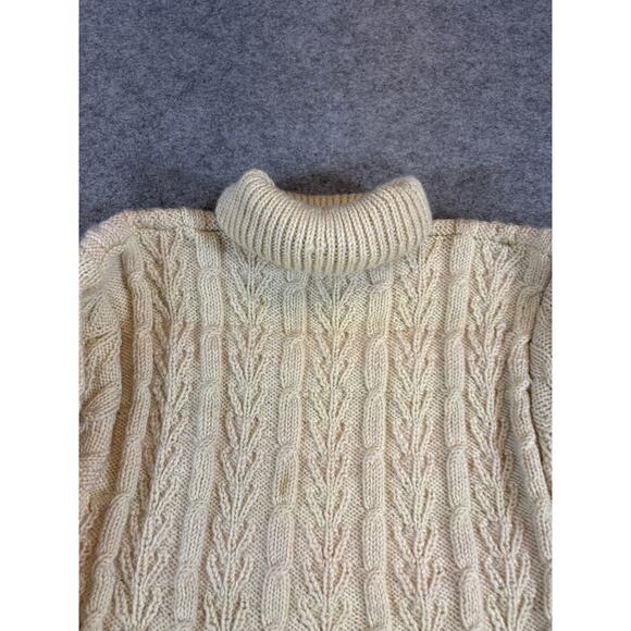 Vintage 90s Cable Knit Turtleneck Sweater Womens Medium Beige Preppy Classic - Picture 3 of 7